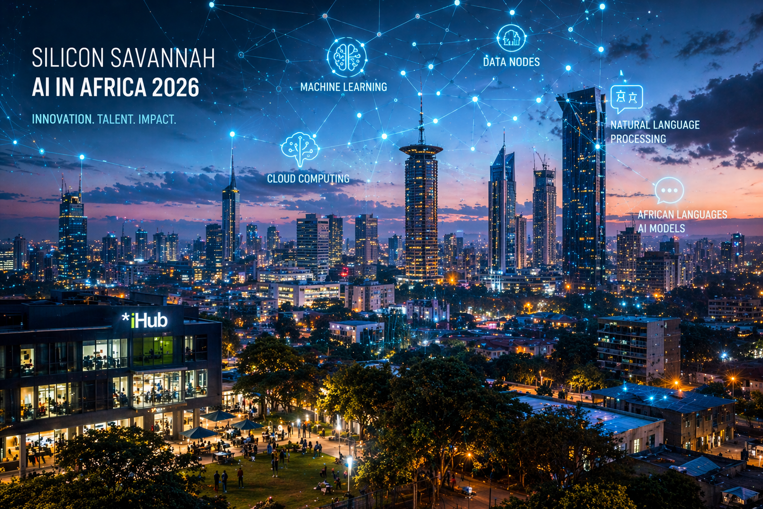 A futuristic digital overlay of AI data nodes across a panoramic view of Nairobi's Silicon Savannah, representing the growth of artificial intelligence in Africa 2026.