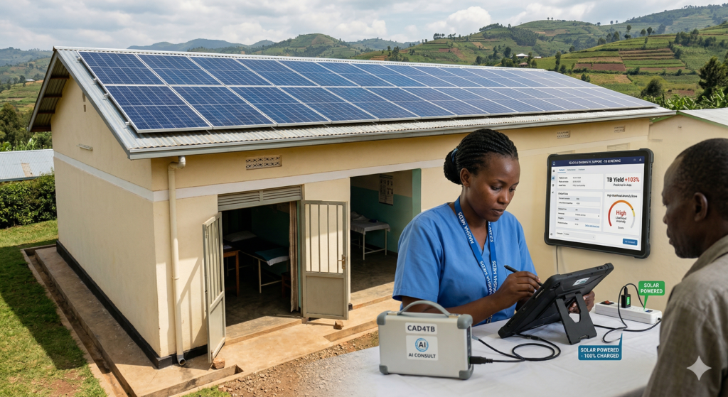 Solar-powered rural health facility in Rwanda providing continuous electricity for AI-driven diagnostic tools and digital health records.
