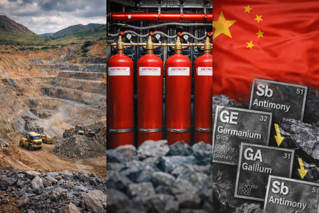 Composite image showing an open-pit antimony mine in Limpopo, South Africa; red fire suppression cylinders inside a hyperscale data centre; and a Chinese flag overlay with germanium, gallium, graphite, and antimony elements, illustrating China’s expanding control over critical AI supply chain minerals.