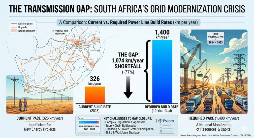Data visualization showing the 'Transmission Gap' in South Africa: A comparison between the current annual build rate of 326km of power lines and the 1,400km per year required to meet the 10-year grid modernization goal.