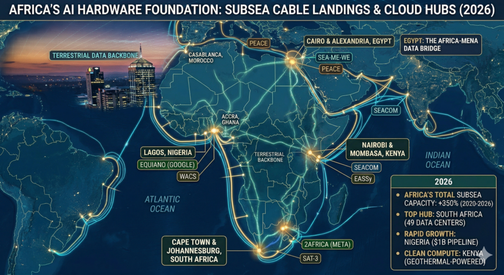 Map of Africa showing the landing points of major subsea cables like Equiano and 2Africa.