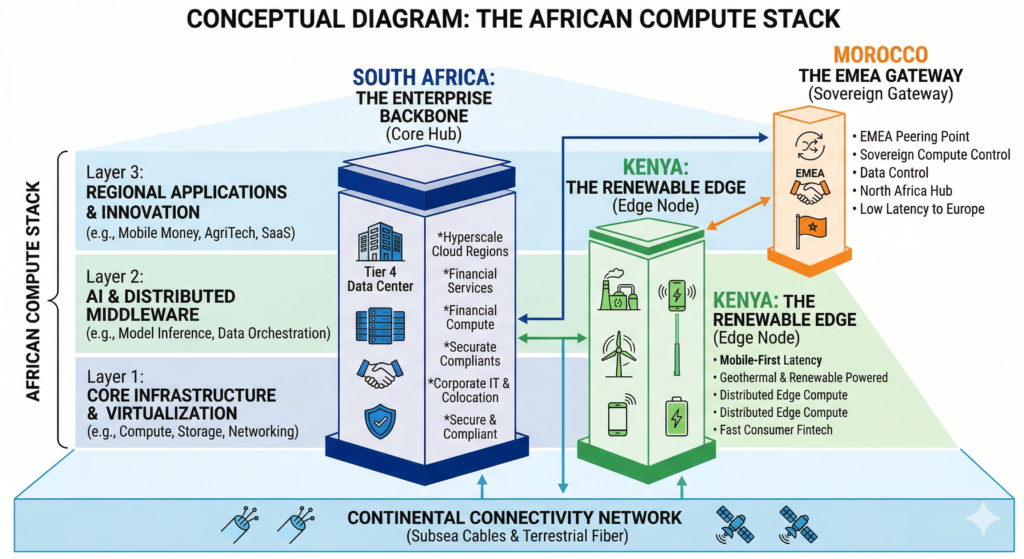 A conceptual diagram of the African 'Compute Stack,' categorizing South Africa as the core enterprise hub, Kenya as the renewable edge node, and Morocco as the sovereign compute gateway for EMEA.