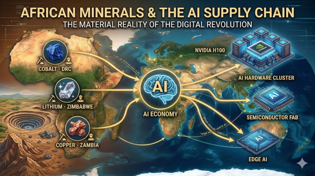 Infographic illustration showing the physical supply chain of African minerals used in AI, linking raw cobalt, lithium, and copper to advanced AI data center hardware.