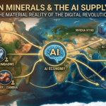 Infographic illustration showing the physical supply chain of African minerals used in AI, linking raw cobalt, lithium, and copper to advanced AI data center hardware.