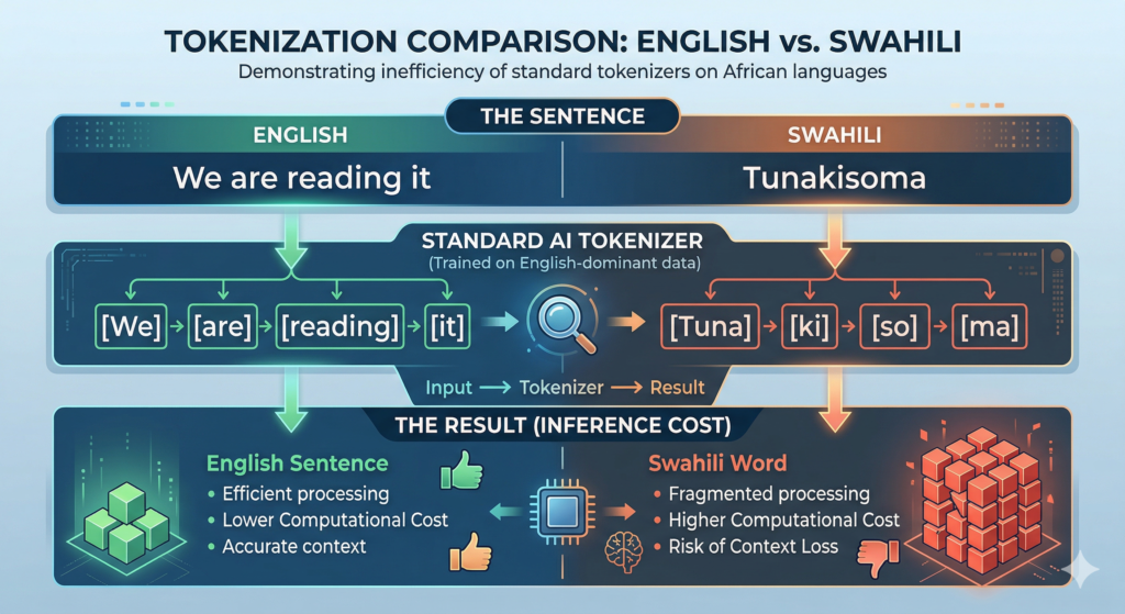 Infographic comparing efficient English tokenization with fragmented Swahili tokenization, showing higher computational cost for African languages."