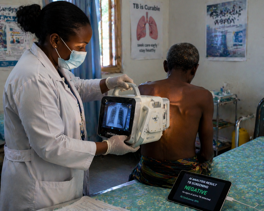 Healthcare worker in a rural South African clinic using an AI-powered portable X-ray machine for tuberculosis screening in 2026.