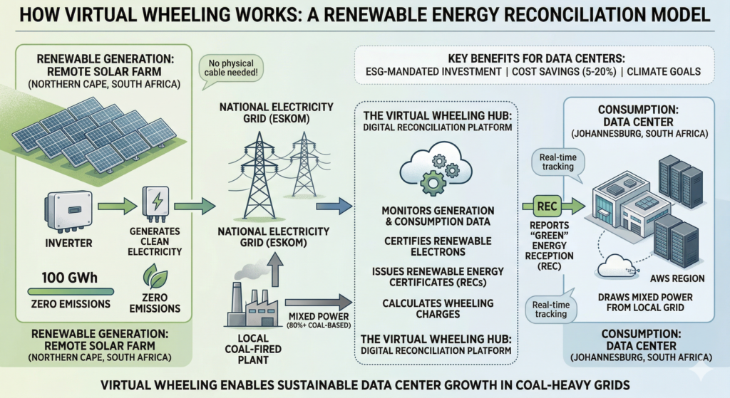 A remote solar farm generates power into the national grid while a data center in a different city receives renewable energy credits through a digital reconciliation platform.