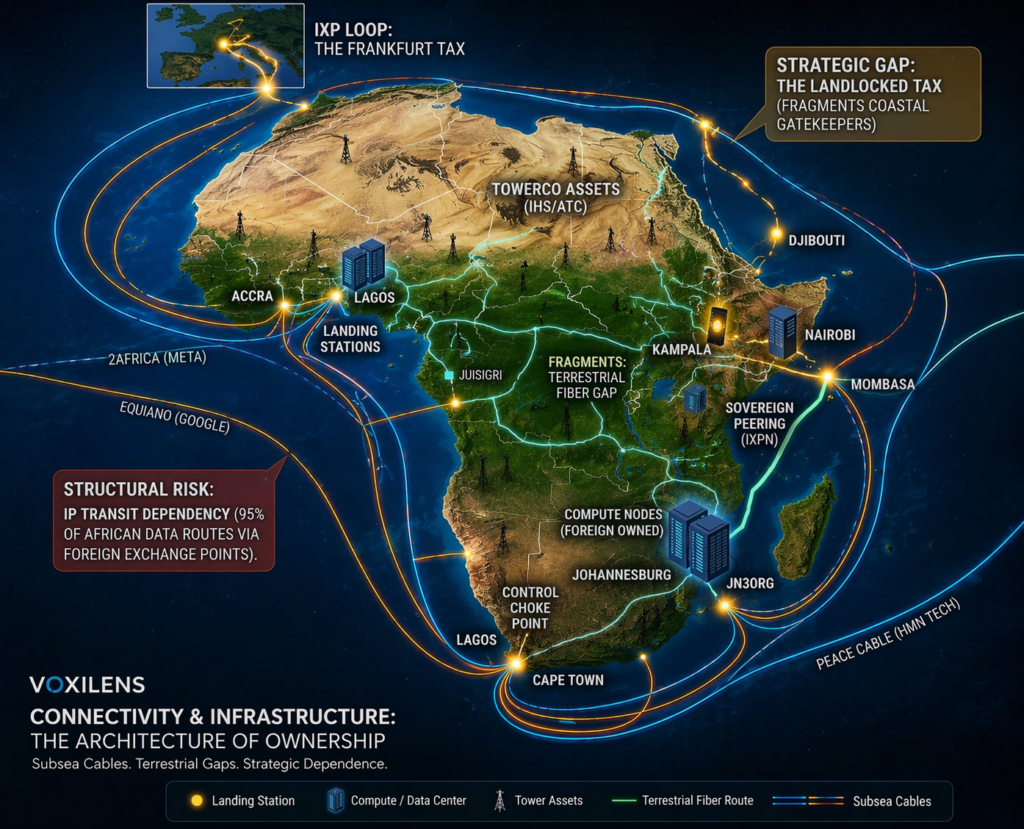 Infographic map of Africa’s digital infrastructure showing subsea internet cables (2Africa, Equiano, PEACE cable), coastal landing stations in Lagos, Mombasa, Djibouti, and Cape Town, inland fiber routes to Nairobi, Kampala, and Johannesburg, and key risks such as IP transit dependency, foreign-owned data centers, and fragmented terrestrial networks.