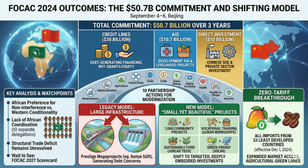 Infographic of FOCAC 2024 showing a $50.7B China–Africa commitment—$30B loans, $10.7B aid, and $10B investment—alongside a shift from large megaprojects to smaller “modernization” initiatives, plus a new zero-tariff policy for 33 least developed African countries starting December 2024.