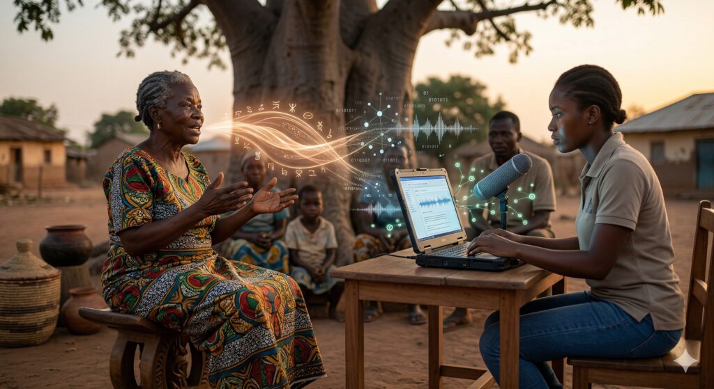 Concept photo illustrating the intersection of ancient African oral traditions and modern digital language data collection for AI.
